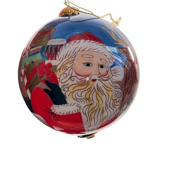 Vtg 2001 Li Bien Reverse Painted Glass Ornament Santa Reindeer Gifts Velvet Box - Picture 9 of 13